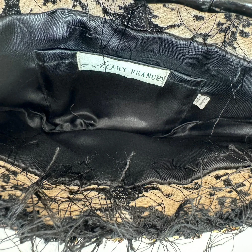 Mary Frances Fully Beaded Semi-Circle Clutch Bag Feather Trim Wood Handle - Picture 5 of 12